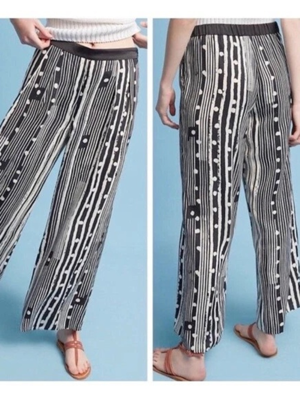 Anthropologie Elevenses Wide Leg Pants Size Medium Flowy Black White Striped